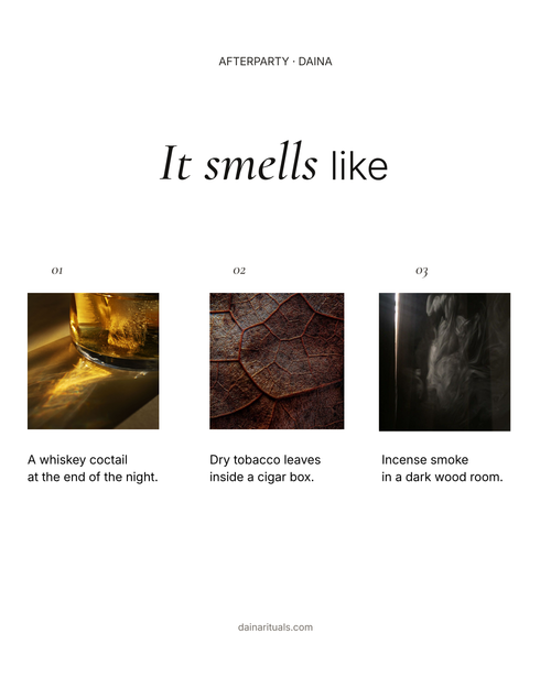 DAINA Afterparty perfume oil scent moodboard with whiskey, dry tobacco leaves and incense smoke.