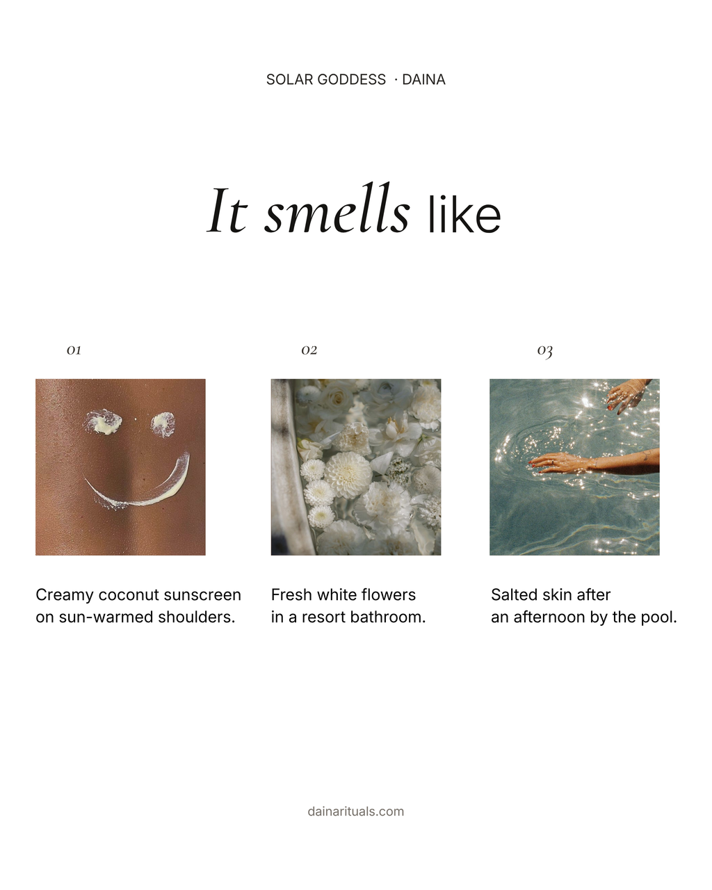 Solar Goddess perfume oil scent moodboard with coconut sunscreen, white flowers and sun-warmed skin by the pool.