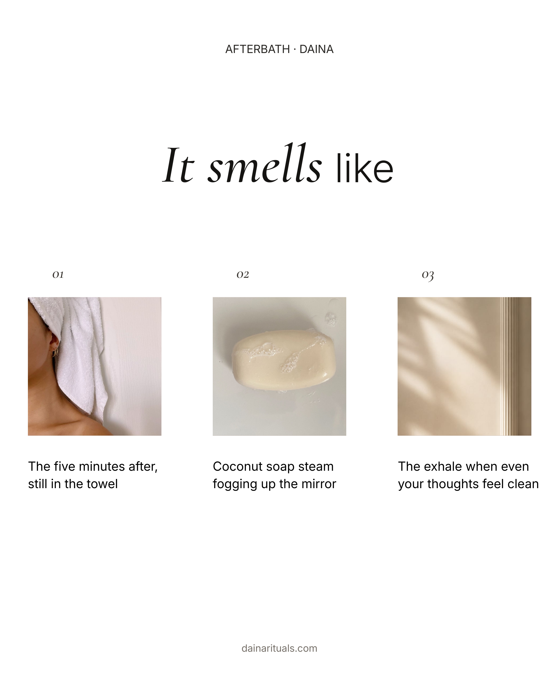 "It smells like" mood board with a towel, coconut soap, and morning light