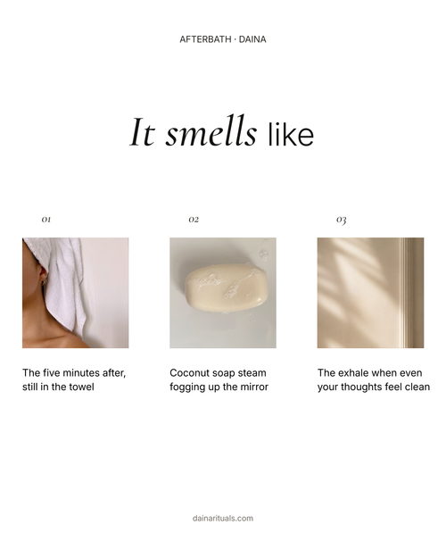 "It smells like" mood board with a towel, coconut soap, and morning light