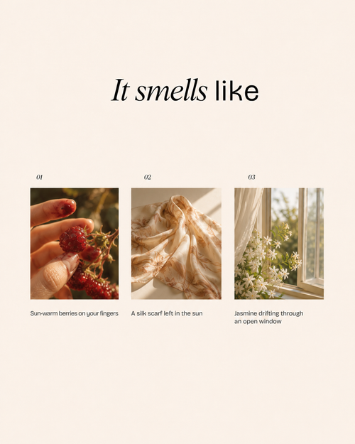 "It smells like" fragrance mood board with three panels: sun-warm berries on fingers, a silk scarf in sunlight, and jasmine flowers by an open window
