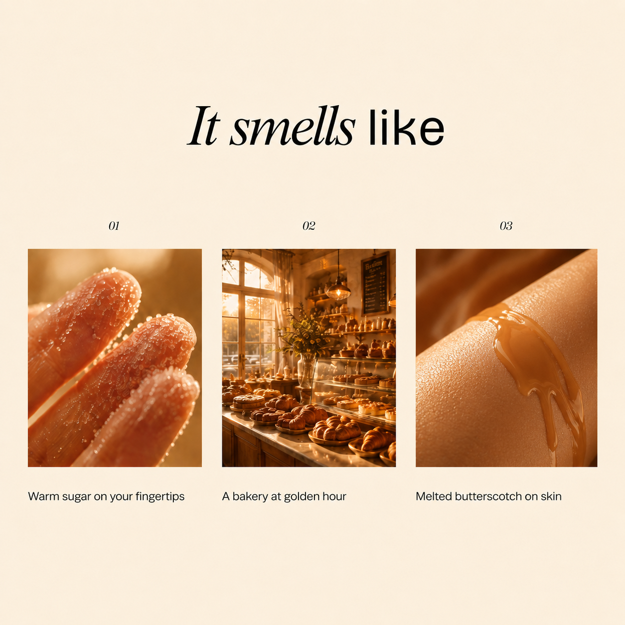"It smells like" mood board with sugared fingertips, a bakery, and melted butterscotch