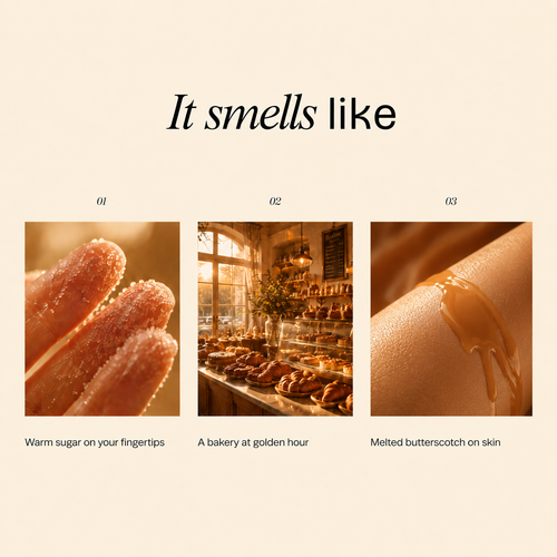 "It smells like" mood board with sugared fingertips, a bakery, and melted butterscotch