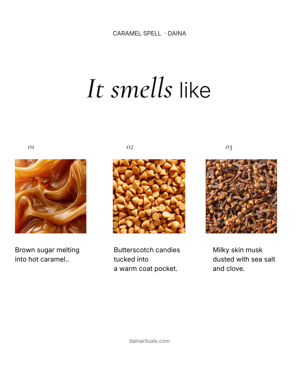 Caramel Spell perfume oil scent mood: melted brown sugar caramel, butterscotch candy, milky skin musk, sea salt and clove.