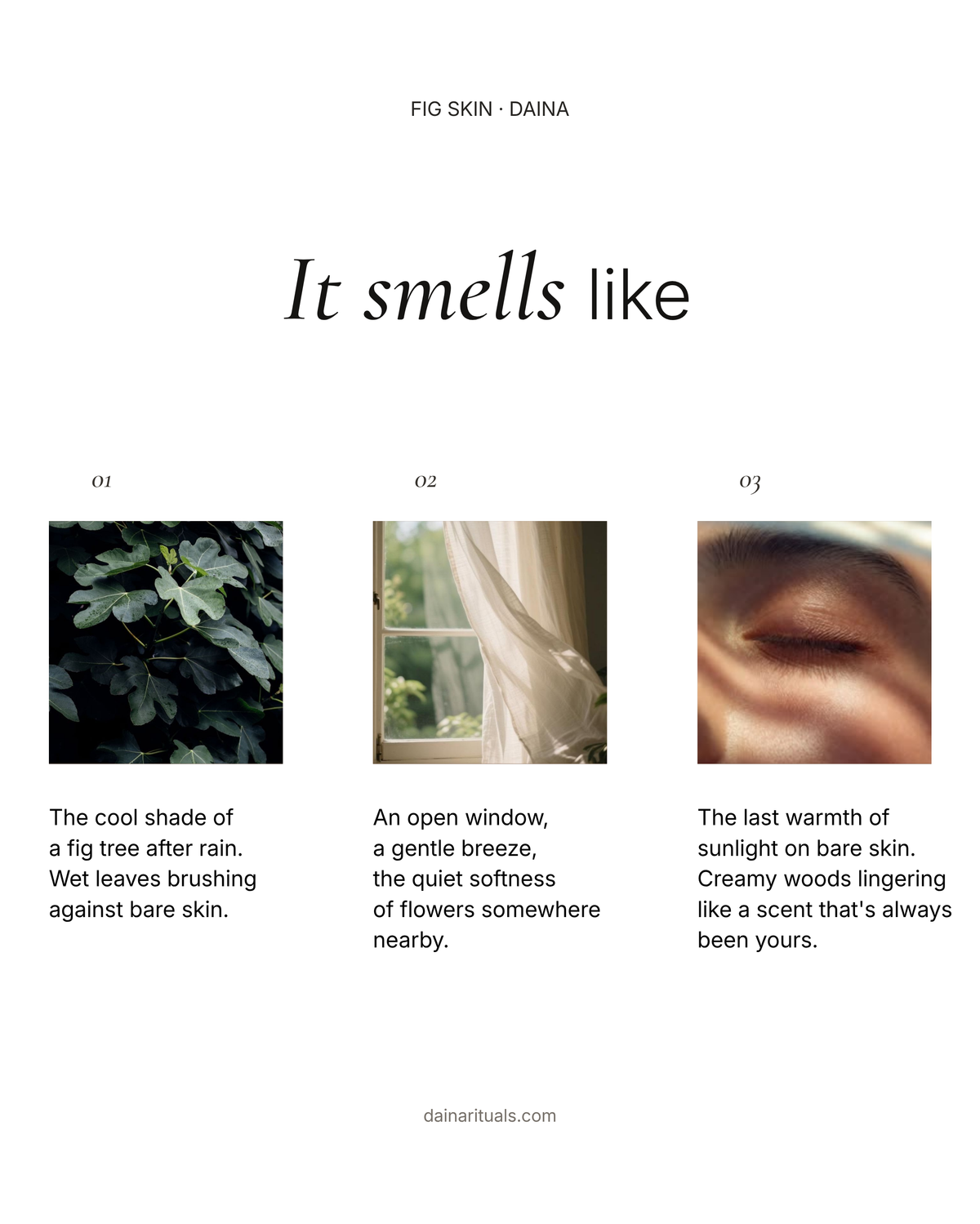DAINA Fig Skin perfume oil scent story, featuring green fig leaves, a gentle breeze through an open window, and sun-warmed skin.