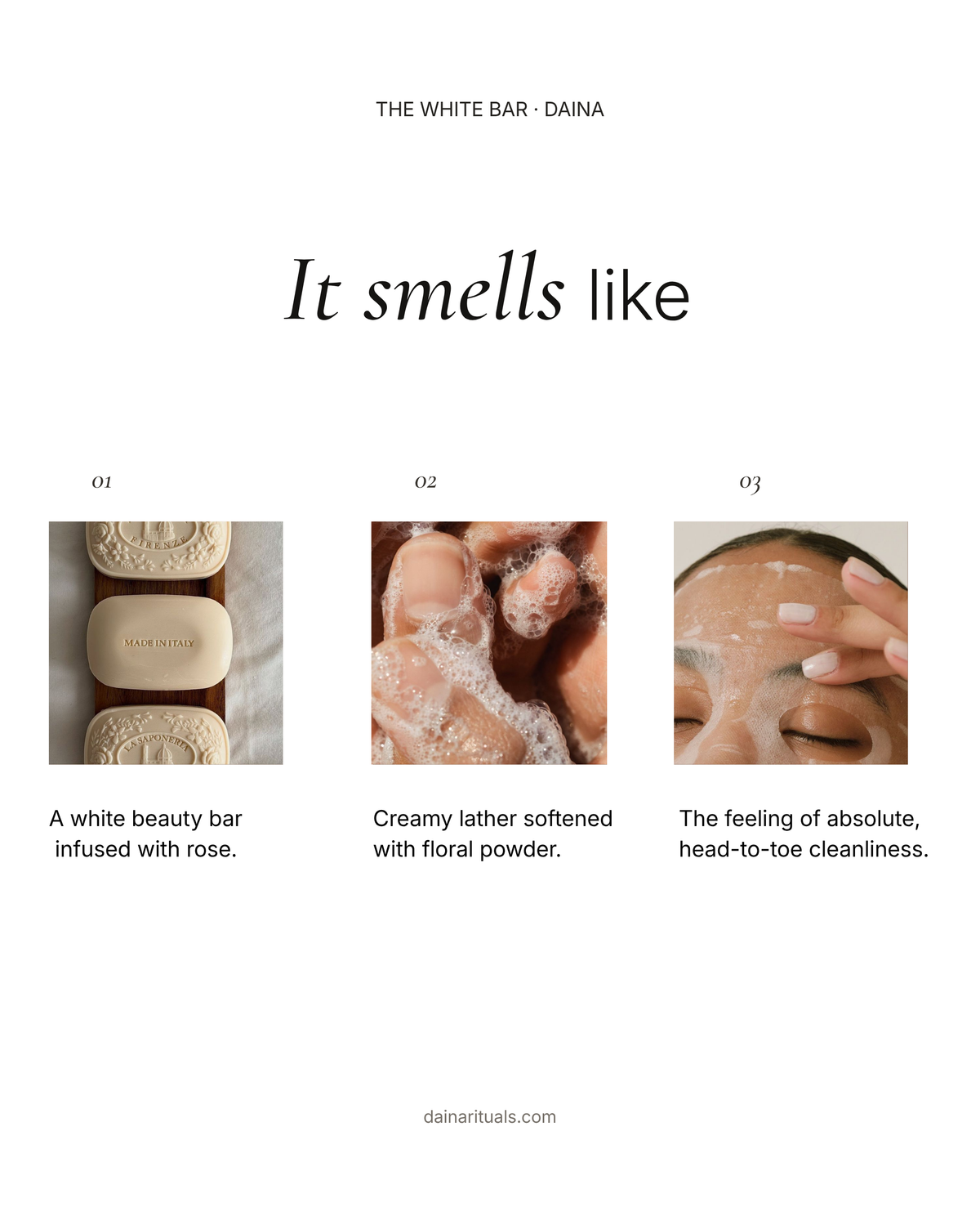 DAINA The White Bar perfume oil scent moodboard featuring white soap bars, creamy lather, and freshly cleansed skin with soft rose and powdery notes.