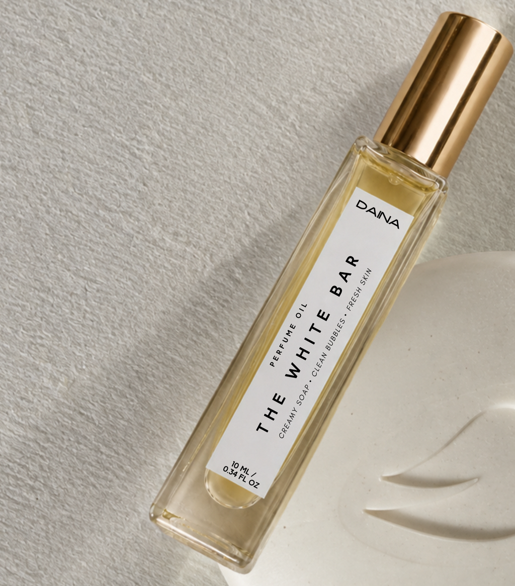 DAINA The White Bar perfume oil, a clean creamy white soap-inspired fragrance in a 10 ml roller bottle