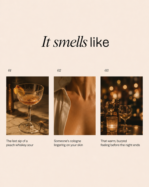 "It smells like" mood board with cocktail, cologne, and candlelit table imagery