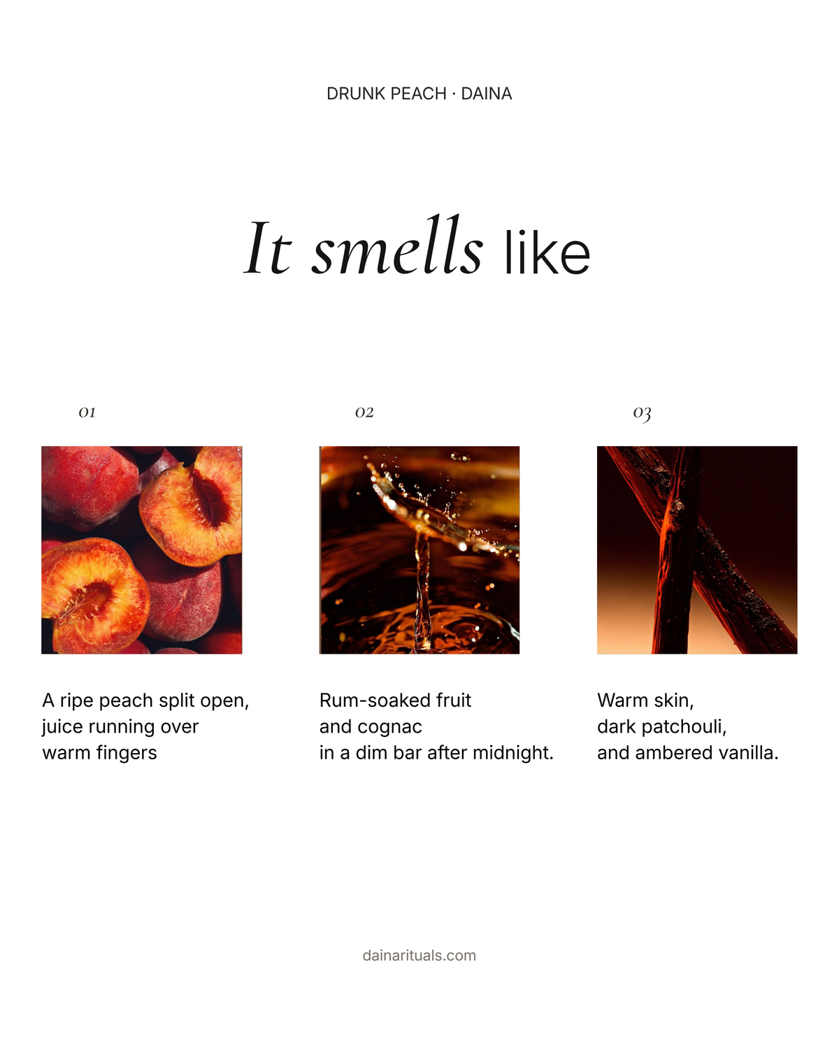 Drunk Peach perfume oil scent mood with ripe juicy peach, rum and cognac, warm skin, dark patchouli and ambered vanilla.