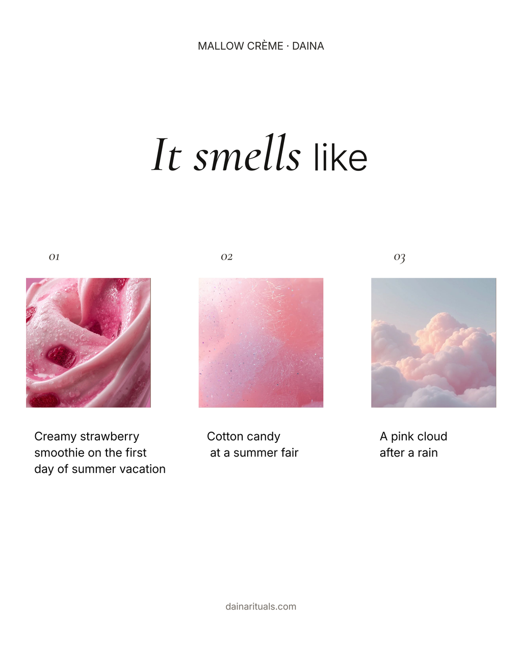 Mallow Crème mood board — creamy strawberry, cotton candy, and pink clouds inspiring the scent