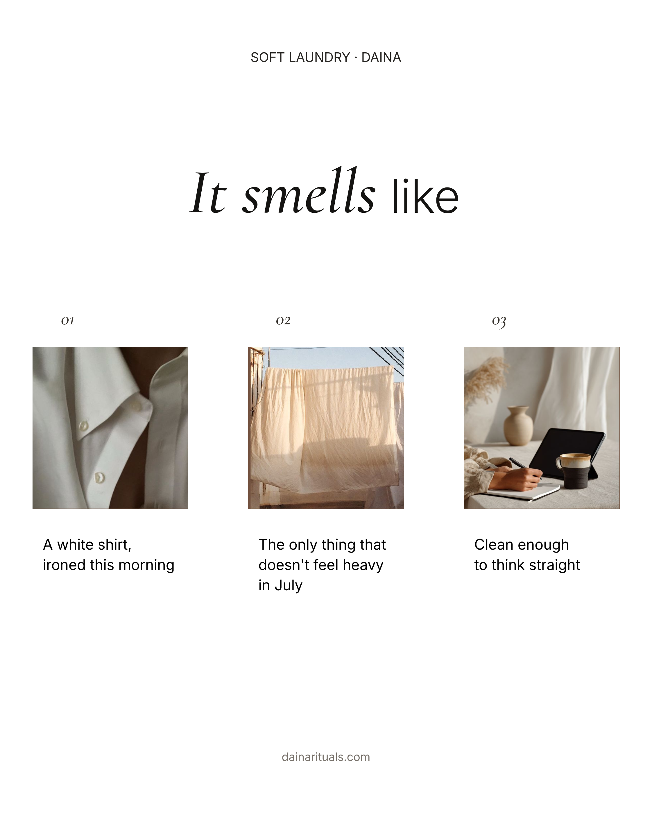 "It smells like" mood board with a white shirt, laundry on a line, and a desk in morning light